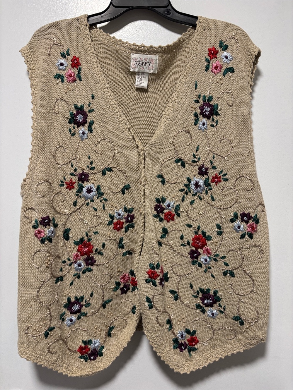 Beige Embroidered Floral Knit Vest
